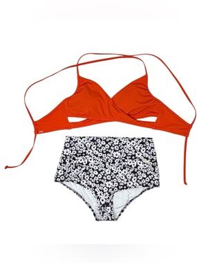 Victoria’s Secret PINK swim suit orange faux wrap top w/ black/white bottom sz S